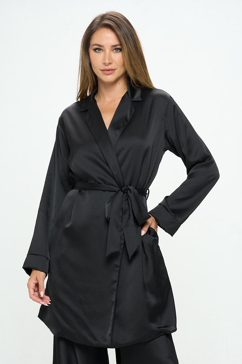 Stretch Satin Open Front Trench Coat with Tie-Sweaters-Reneecollection-Urbanheer