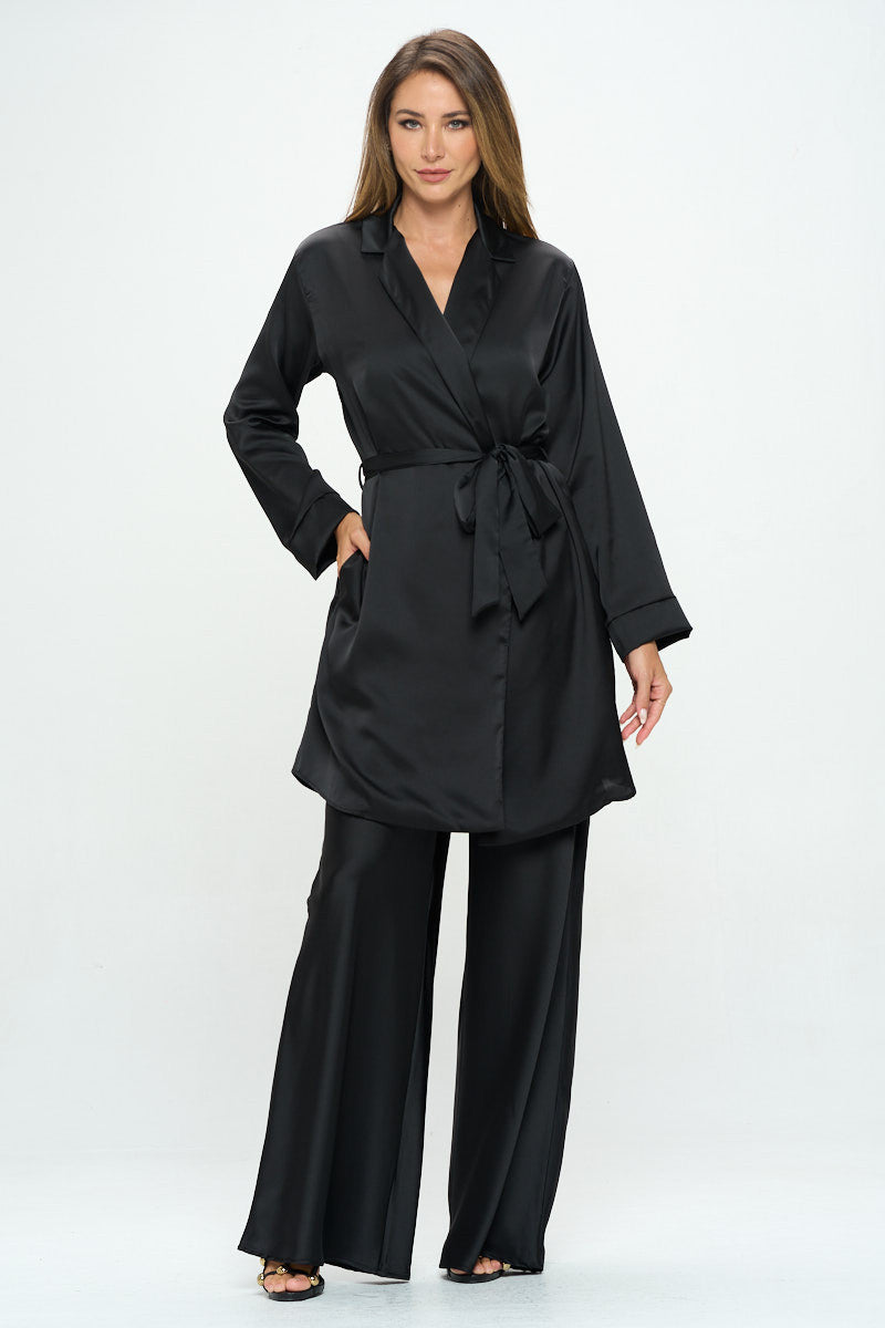 Stretch Satin Open Front Trench Coat with Tie-Sweaters-Reneecollection-Urbanheer