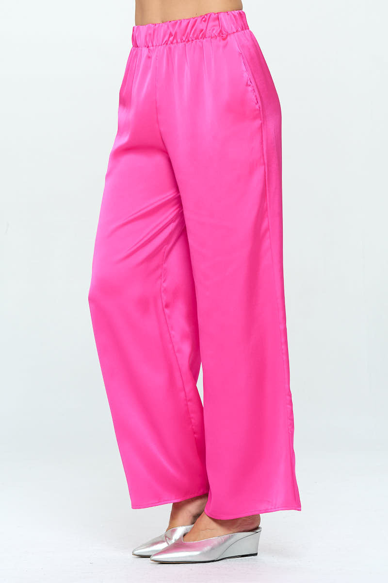 Stretch Satin Pants w/ Elastic Waist and Pocket-Pants-Reneecollection-Urbanheer