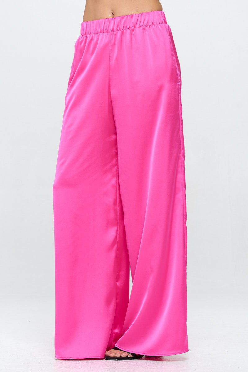 Stretch Satin Pants w/ Elastic Waist and Pocket-Pants-Reneecollection-Urbanheer