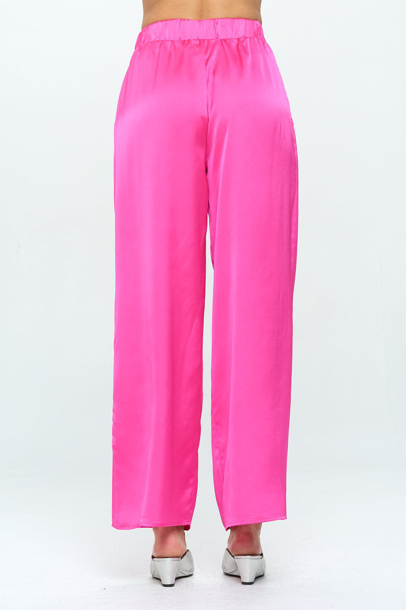 Stretch Satin Pants w/ Elastic Waist and Pocket-Pants-Reneecollection-Urbanheer