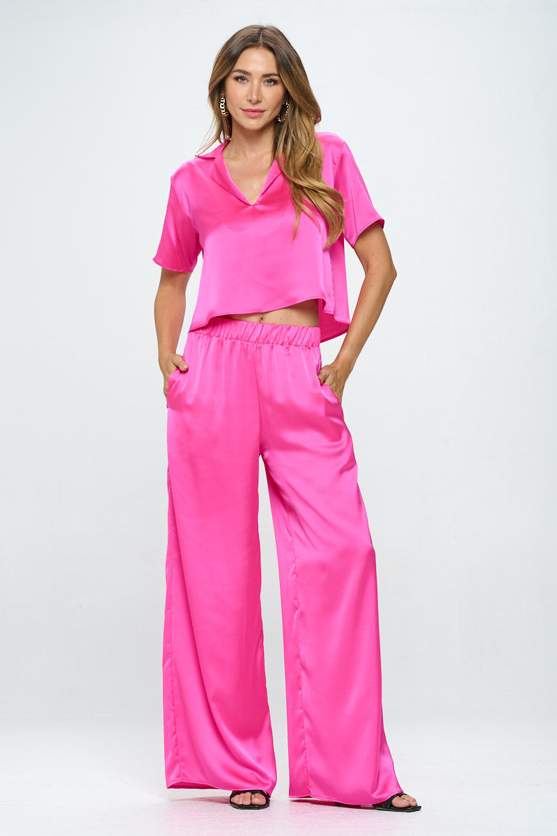 Stretch Satin Pants w/ Elastic Waist and Pocket-Pants-Reneecollection-Urbanheer