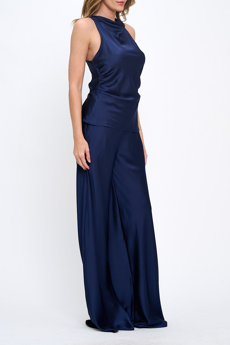 Stretch Satin Pants w/ Elastic Waist and Pockets-New Arrival-Reneecollection-Small-NAVY-Urbanheer