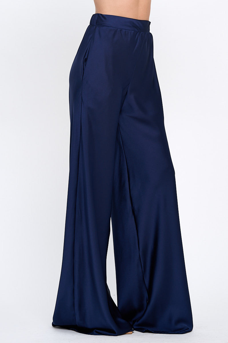 Stretch Satin Pants w/ Elastic Waist and Pockets-New Arrival-Reneecollection-Small-NAVY-Urbanheer