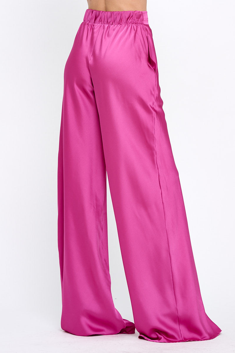 Stretch Satin Pants w/ Elastic Waist and Pockets-New Arrival-Reneecollection-Small-DARK FUSCHIA-Urbanheer