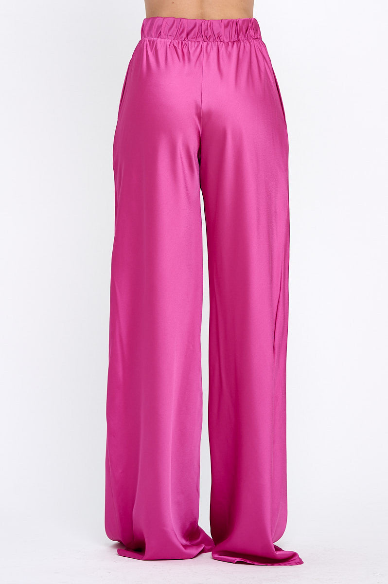 Stretch Satin Pants w/ Elastic Waist and Pockets-New Arrival-Reneecollection-Small-DARK FUSCHIA-Urbanheer