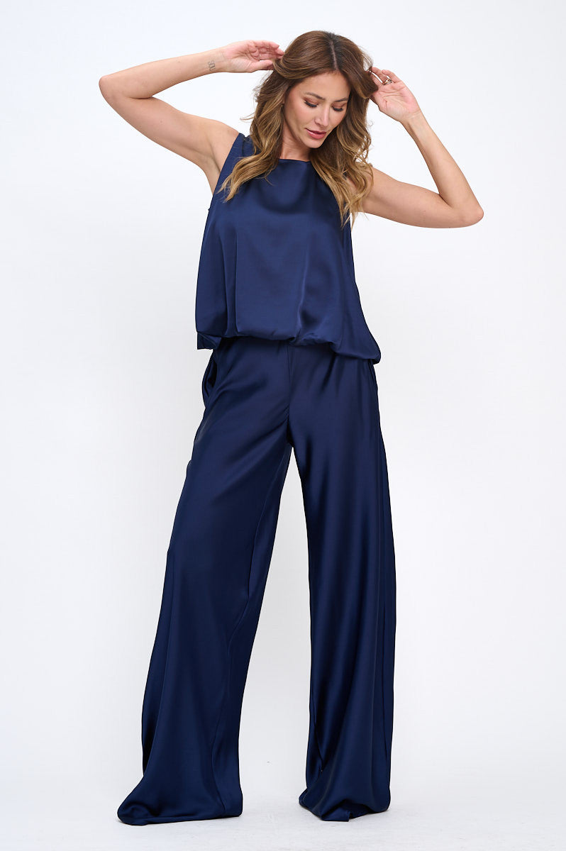 Stretch Satin Pants w/ Elastic Waist and Pockets-New Arrival-Reneecollection-Small-NAVY-Urbanheer