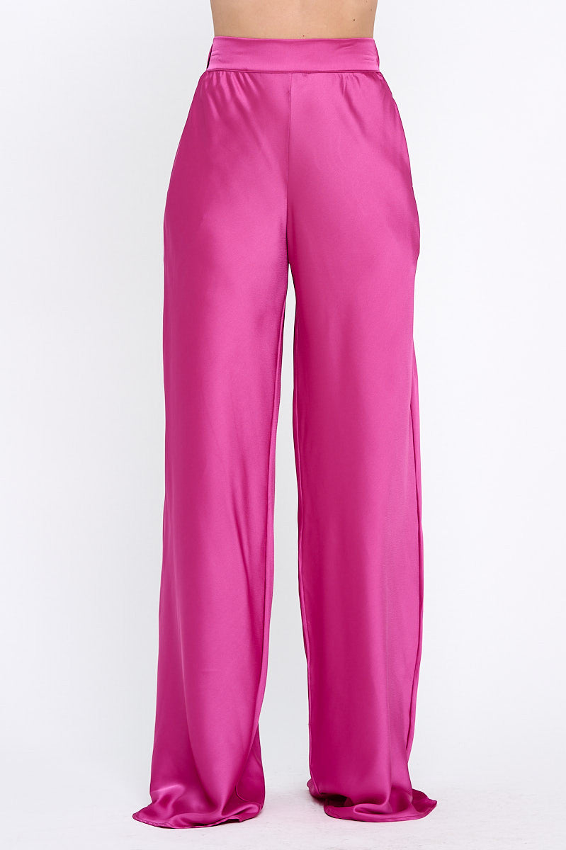 Stretch Satin Pants w/ Elastic Waist and Pockets-New Arrival-Reneecollection-Small-DARK FUSCHIA-Urbanheer