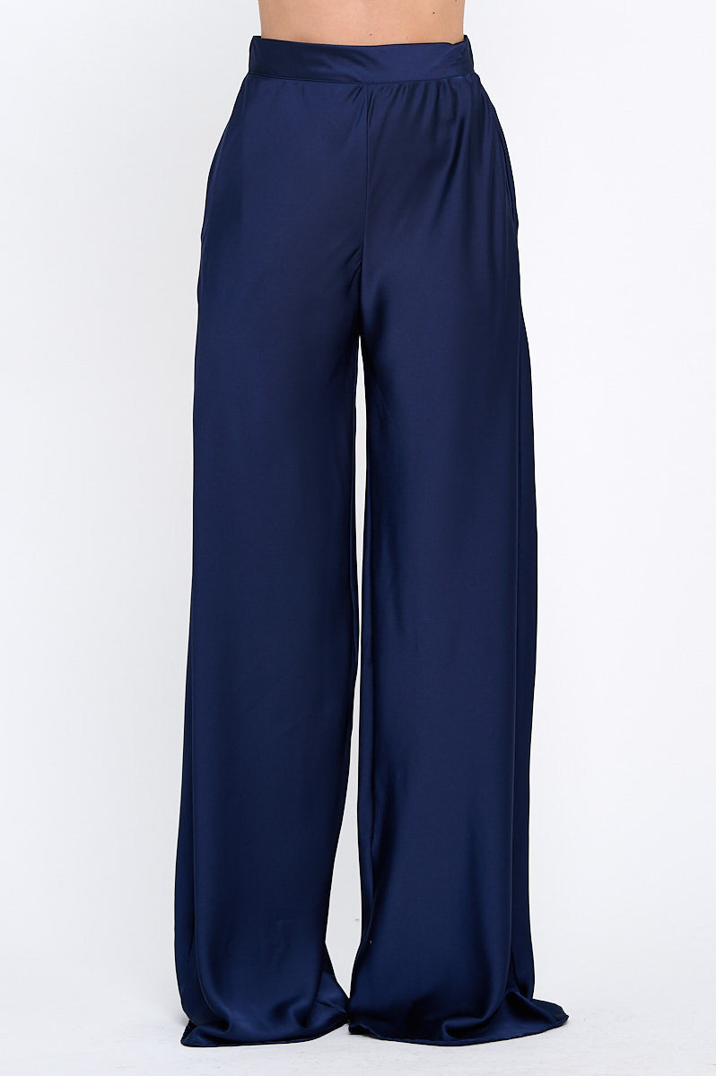 Stretch Satin Pants w/ Elastic Waist and Pockets-New Arrival-Reneecollection-Small-NAVY-Urbanheer