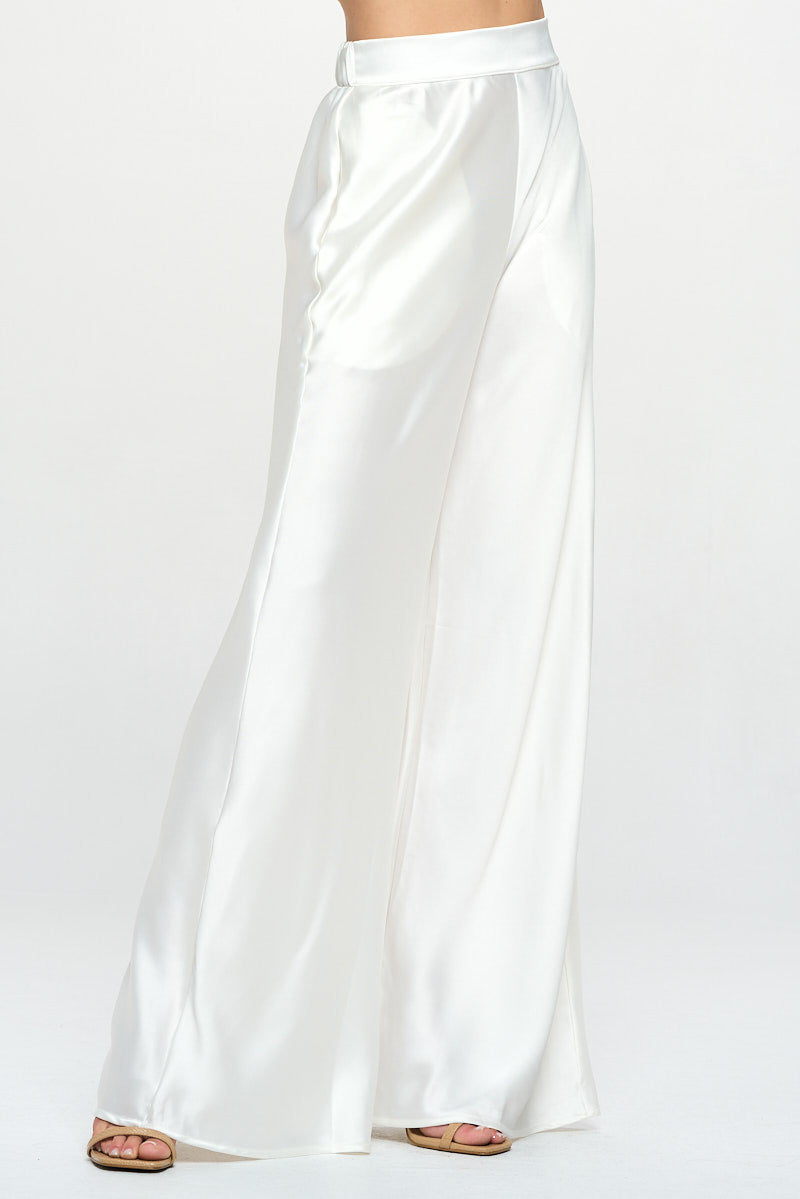 Stretch Satin Pants w/ Elastic Waist and Pockets-Pants-Reneecollection-Small-WHITE-Urbanheer