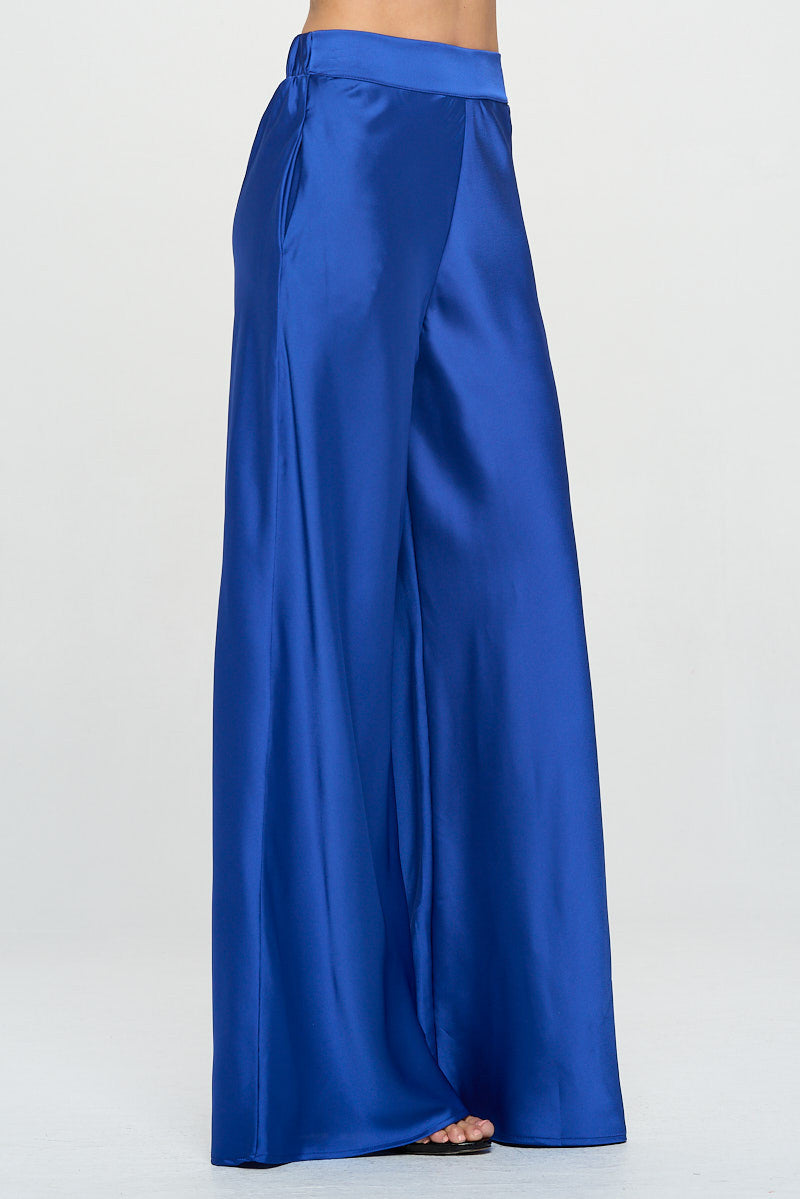 Stretch Satin Pants w/ Elastic Waist and Pockets-Pants-Reneecollection-Small-ROYAL BLUE-Urbanheer