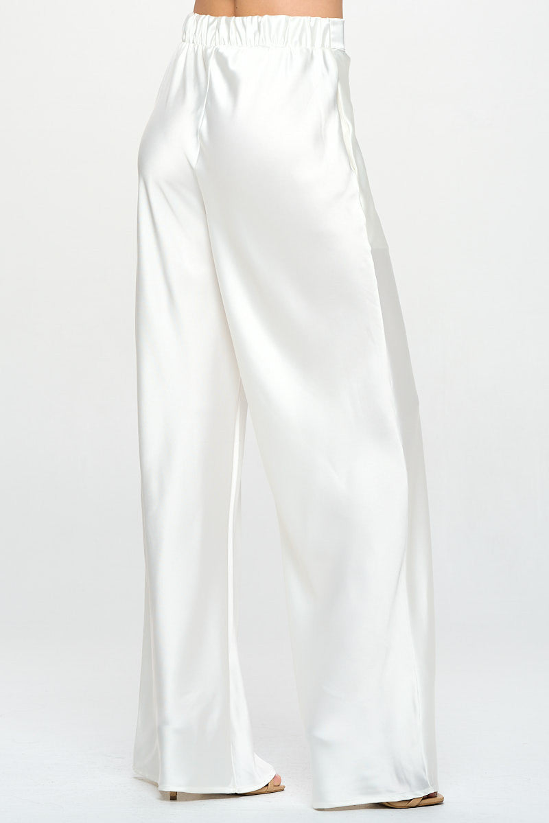 Stretch Satin Pants w/ Elastic Waist and Pockets-Pants-Reneecollection-Small-WHITE-Urbanheer