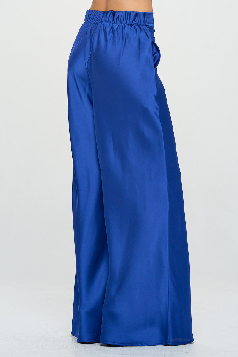 Stretch Satin Pants w/ Elastic Waist and Pockets-Pants-Reneecollection-Small-ROYAL BLUE-Urbanheer