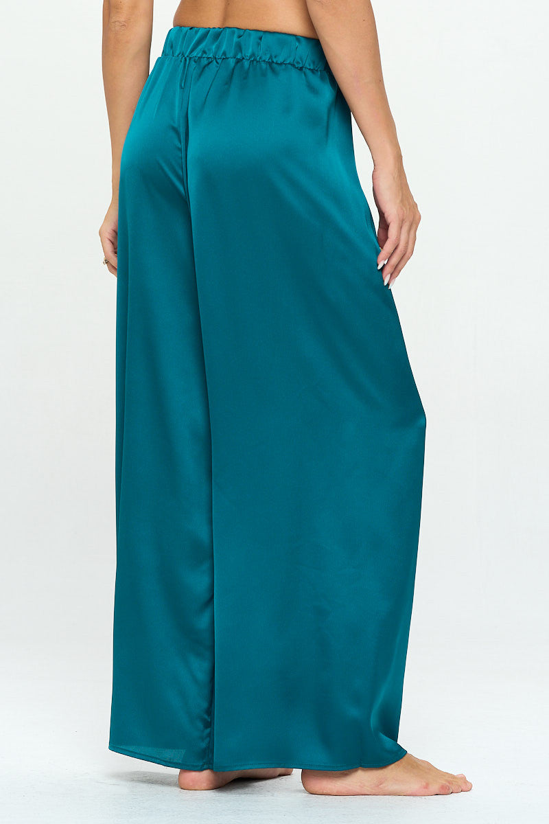Stretch Satin Pants w/ Elastic Waist and Pockets-Pants-Reneecollection-Urbanheer