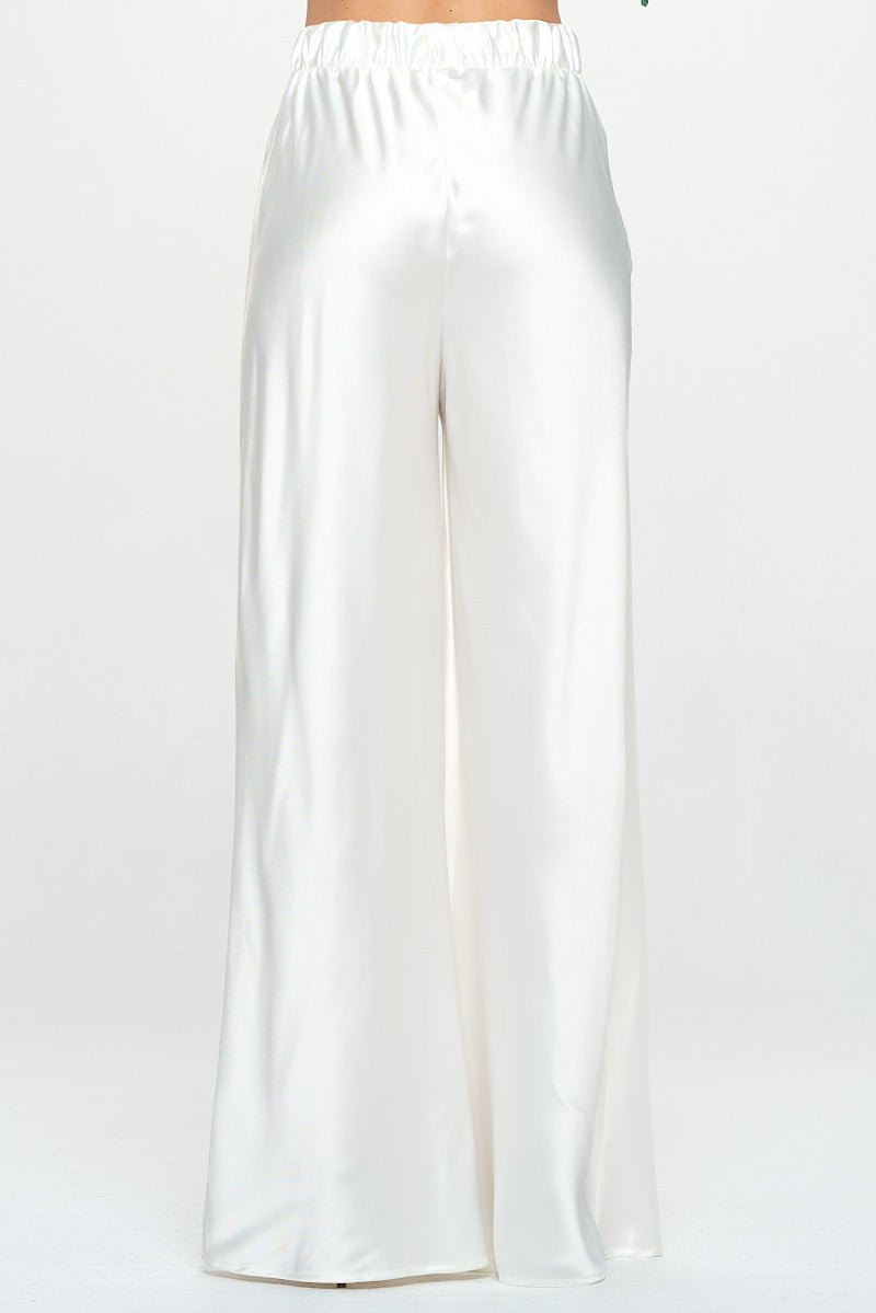 Stretch Satin Pants w/ Elastic Waist and Pockets-Pants-Reneecollection-Small-WHITE-Urbanheer