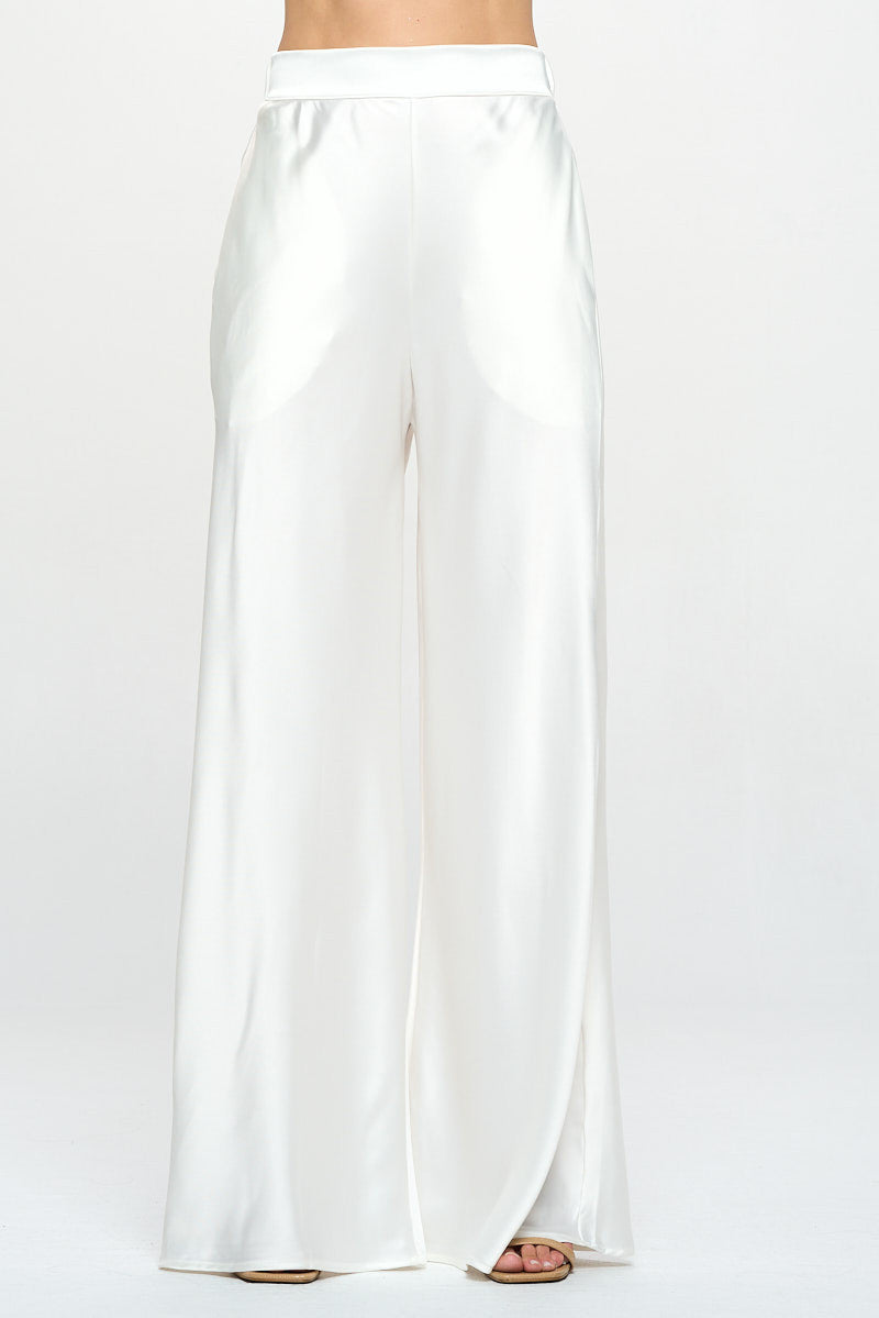 Stretch Satin Pants w/ Elastic Waist and Pockets-Pants-Reneecollection-Small-WHITE-Urbanheer