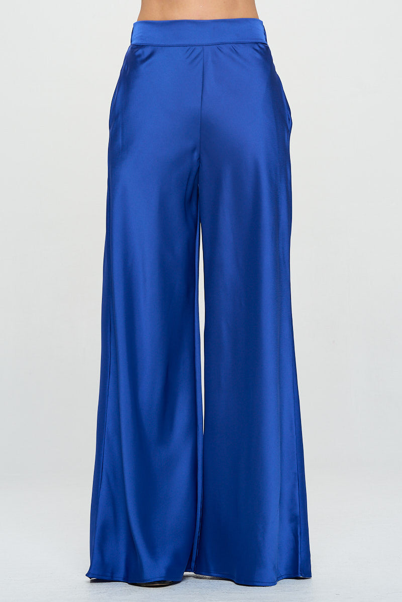 Stretch Satin Pants w/ Elastic Waist and Pockets-Pants-Reneecollection-Small-ROYAL BLUE-Urbanheer