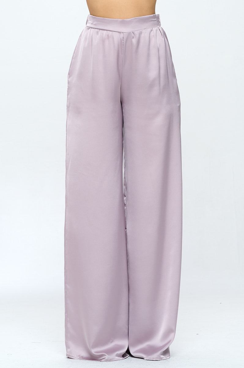 Stretch Satin Pants w/ Elastic Waist and Pockets-Pants-Reneecollection-Urbanheer