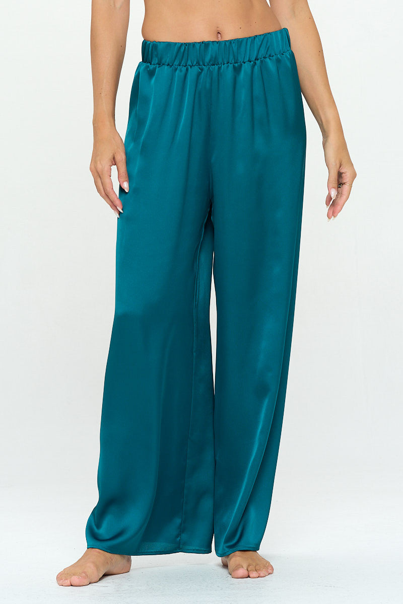 Stretch Satin Pants w/ Elastic Waist and Pockets-Pants-Reneecollection-Urbanheer
