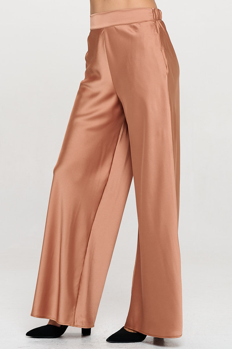 Stretch Satin Pants with Elastic Waist and Pockets-Pants-Reneecollection-Small-CARAMEL-Urbanheer