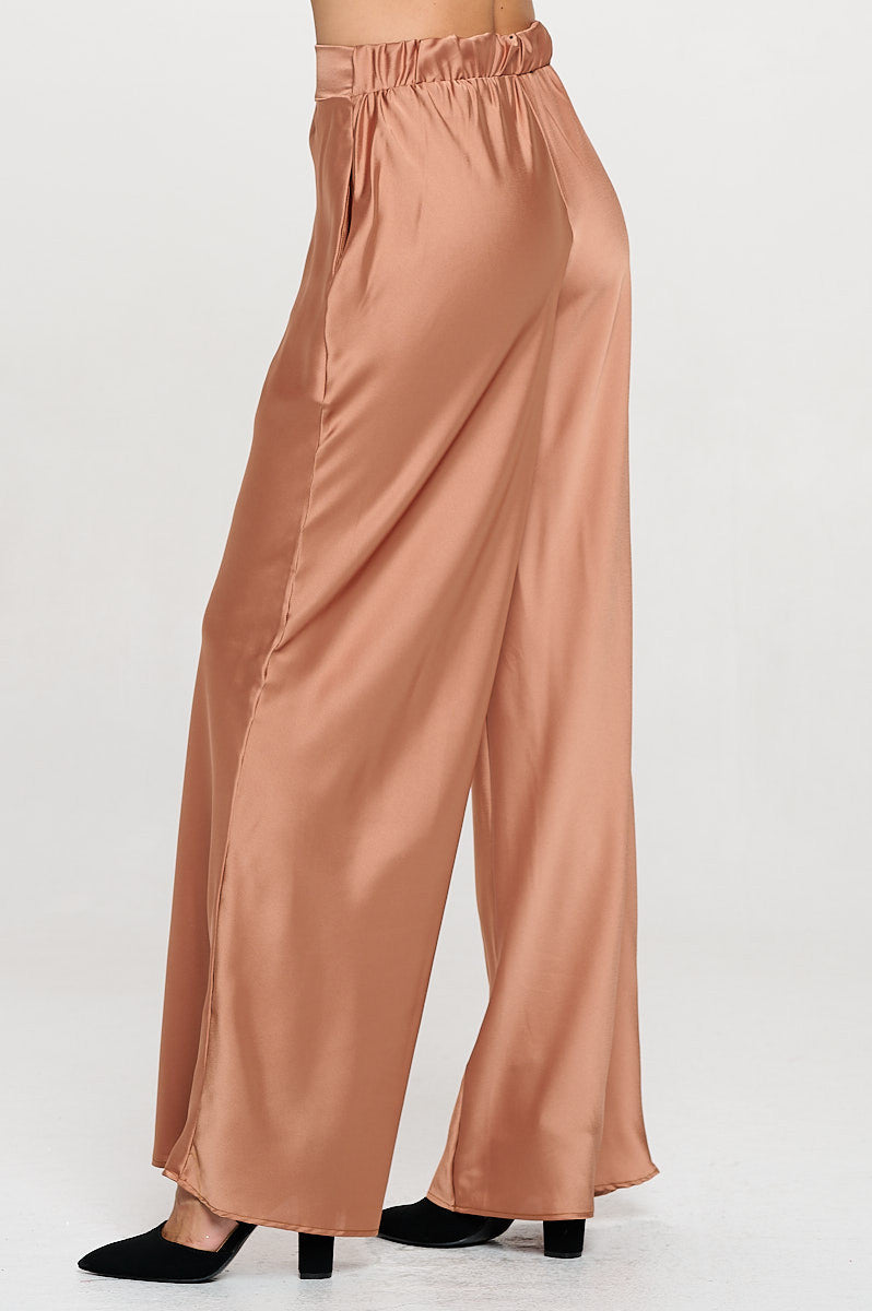 Stretch Satin Pants with Elastic Waist and Pockets-Pants-Reneecollection-Small-CARAMEL-Urbanheer