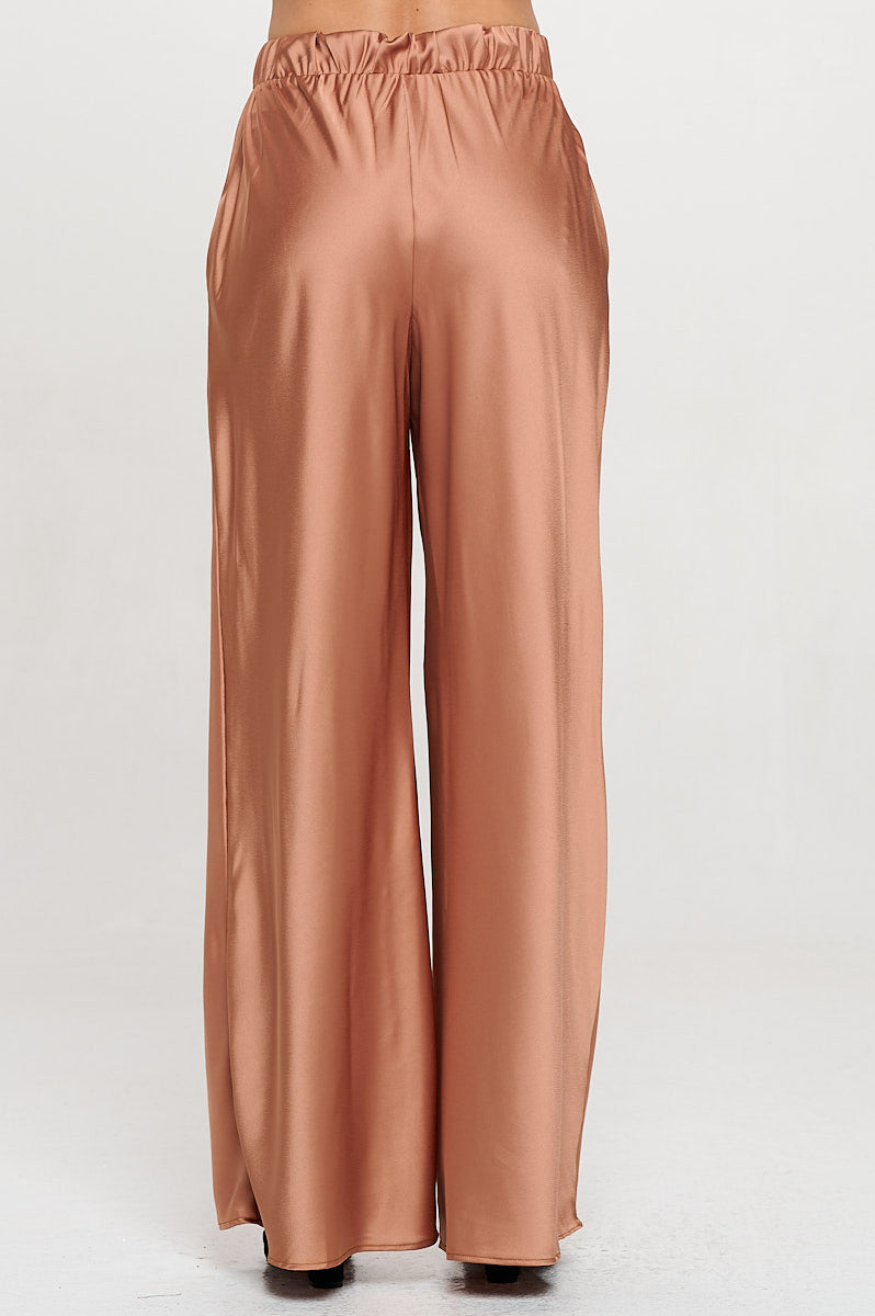 Stretch Satin Pants with Elastic Waist and Pockets-Pants-Reneecollection-Small-CARAMEL-Urbanheer