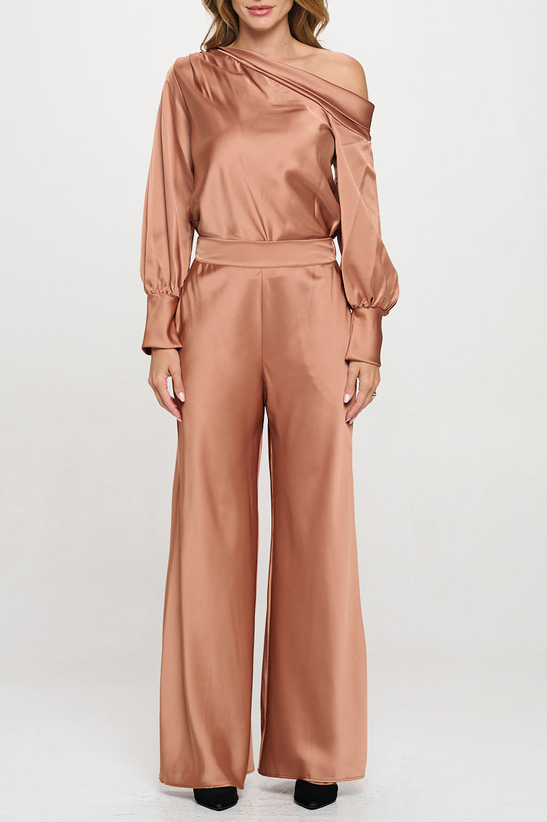 Stretch Satin Pants with Elastic Waist and Pockets-Pants-Reneecollection-Small-CARAMEL-Urbanheer