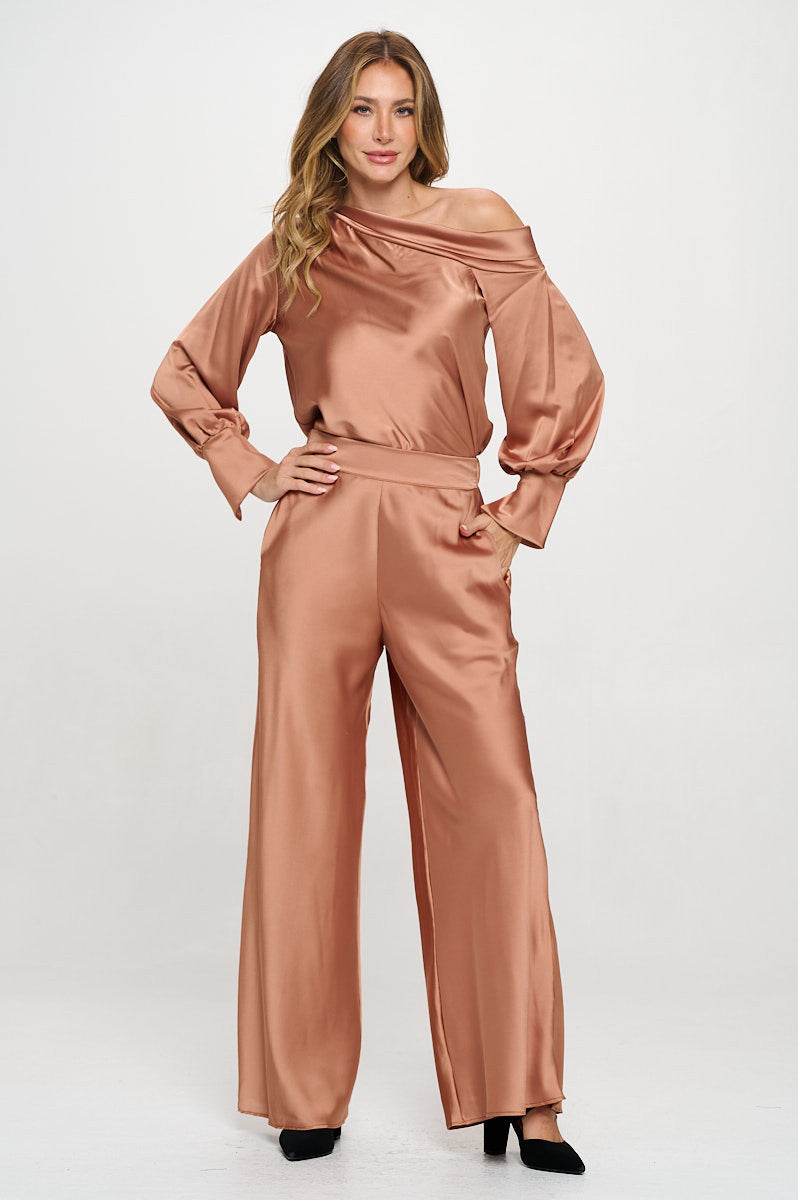 Stretch Satin Pants with Elastic Waist and Pockets-Pants-Reneecollection-Small-CARAMEL-Urbanheer