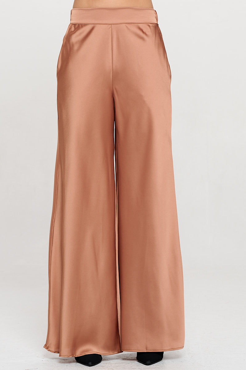 Stretch Satin Pants with Elastic Waist and Pockets-Pants-Reneecollection-Small-CARAMEL-Urbanheer