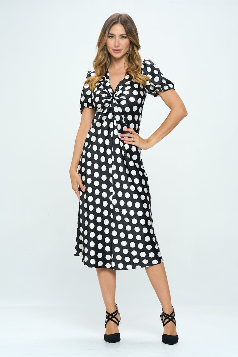Stretch Satin Polka Dot Print Midi Dress-Dresses-Reneecollection-Urbanheer