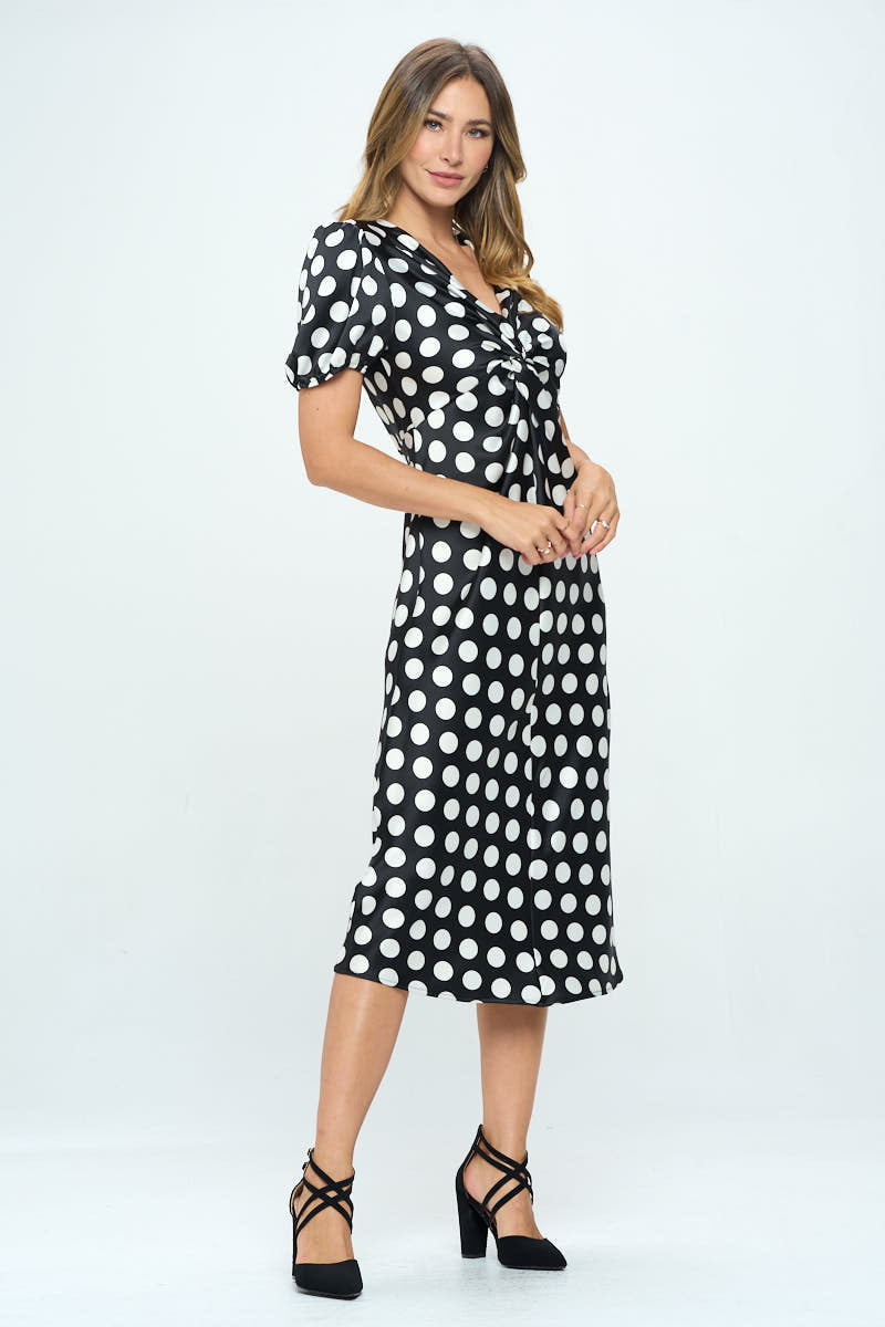 Stretch Satin Polka Dot Print Midi Dress-Dresses-Reneecollection-Urbanheer