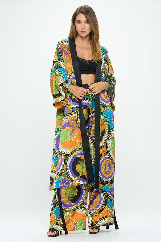 Stretch Satin Print Long Kimono Cardigan-Kimonos-Reneecollection-Urbanheer
