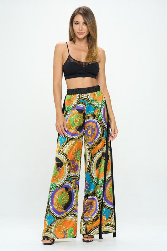 Stretch Satin Print Wide Leg Pants with Elastic Waist-Pants-Reneecollection-Urbanheer