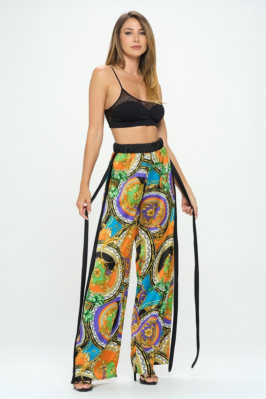 Stretch Satin Print Wide Leg Pants with Elastic Waist-Pants-Reneecollection-Urbanheer