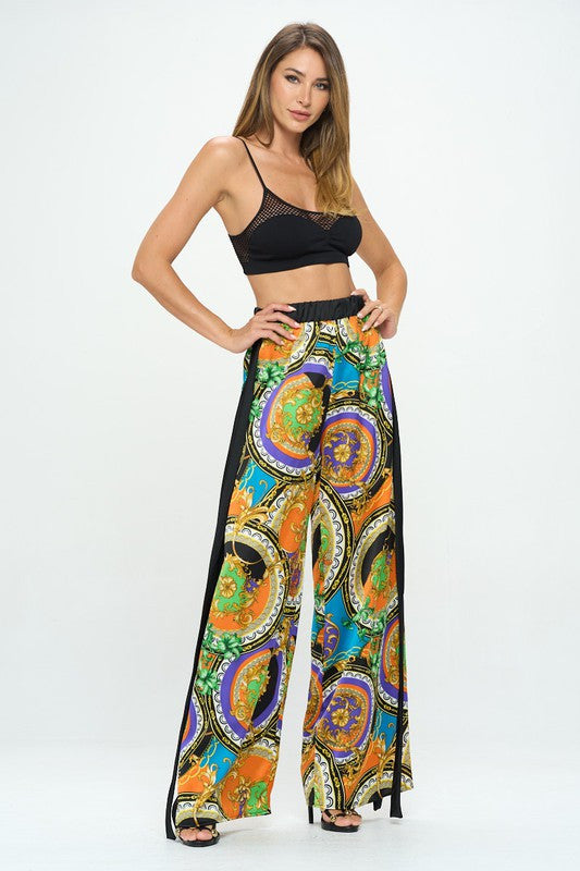 Stretch Satin Print Wide Leg Pants with Elastic Waist-Pants-Reneecollection-Urbanheer
