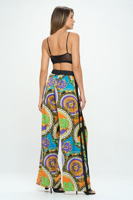 Stretch Satin Print Wide Leg Pants with Elastic Waist-Pants-Reneecollection-Urbanheer