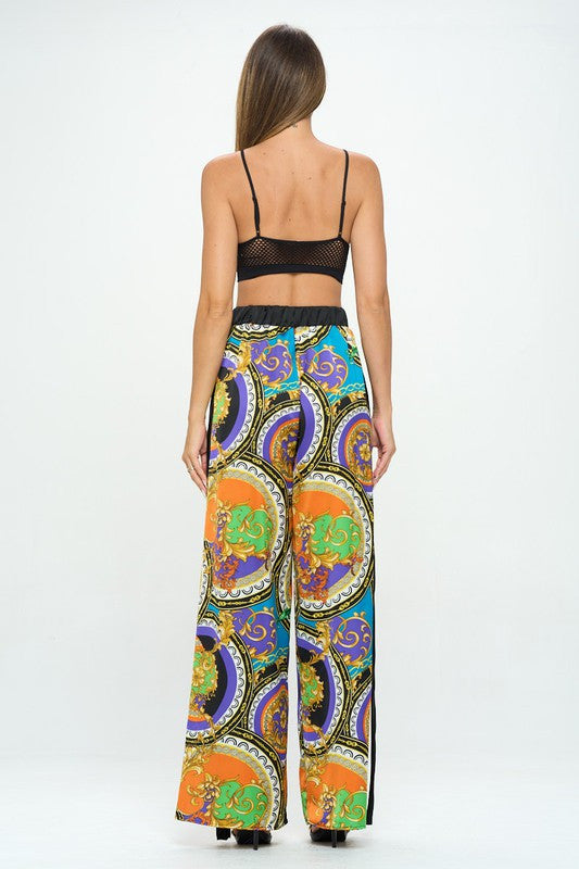 Stretch Satin Print Wide Leg Pants with Elastic Waist-Pants-Reneecollection-Urbanheer