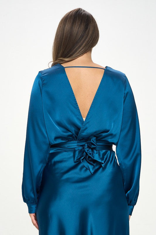Stretch Satin Solid V neck Top with Open Back-New Arrival-Reneecollection-1X-TEAL-Urbanheer