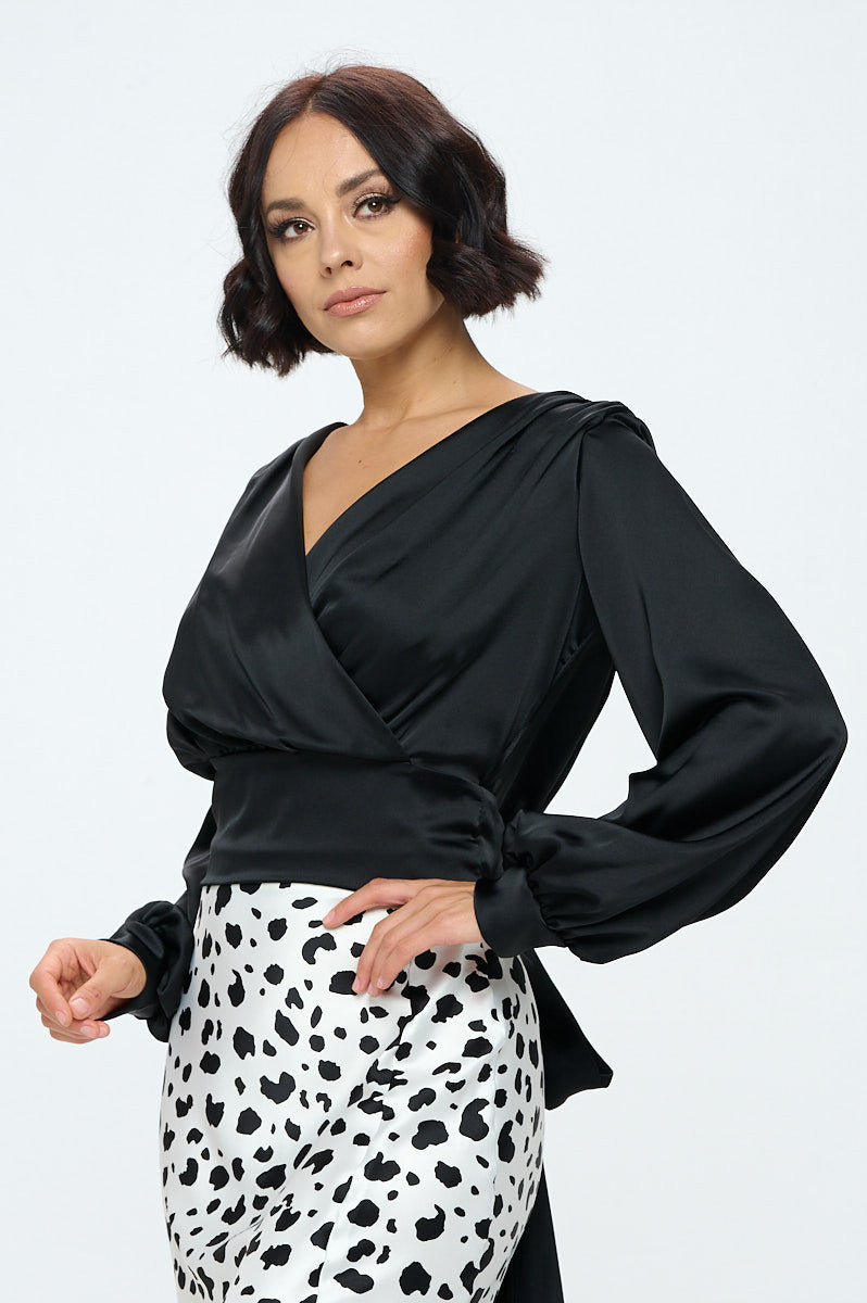 Stretch Satin Solid V neck Top with Open Back-Tops-Reneecollection-Urbanheer