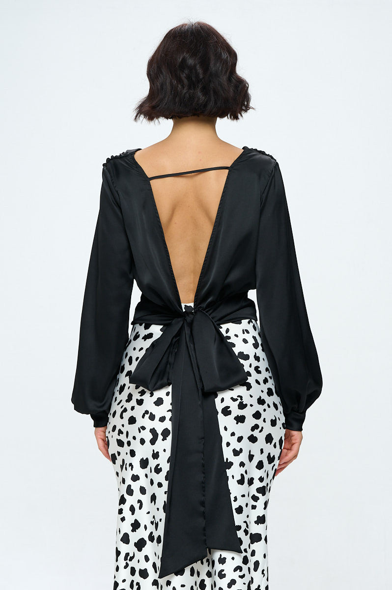 Stretch Satin Solid V neck Top with Open Back-Tops-Reneecollection-Urbanheer