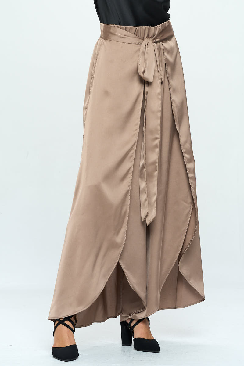 Stretch Satin Split Wide Leg Pants with Tie-Pants-Reneecollection-Urbanheer