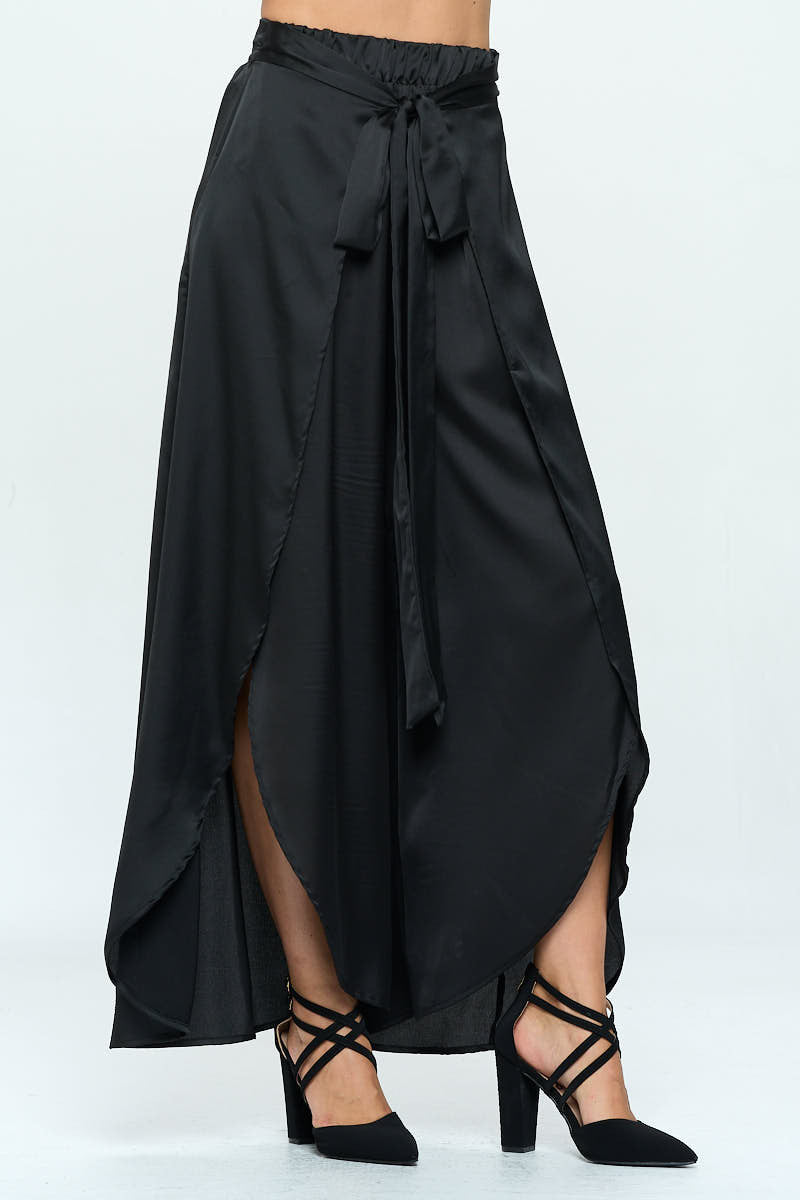 Stretch Satin Split Wide Leg Pants with Tie-Pants-Reneecollection-Urbanheer