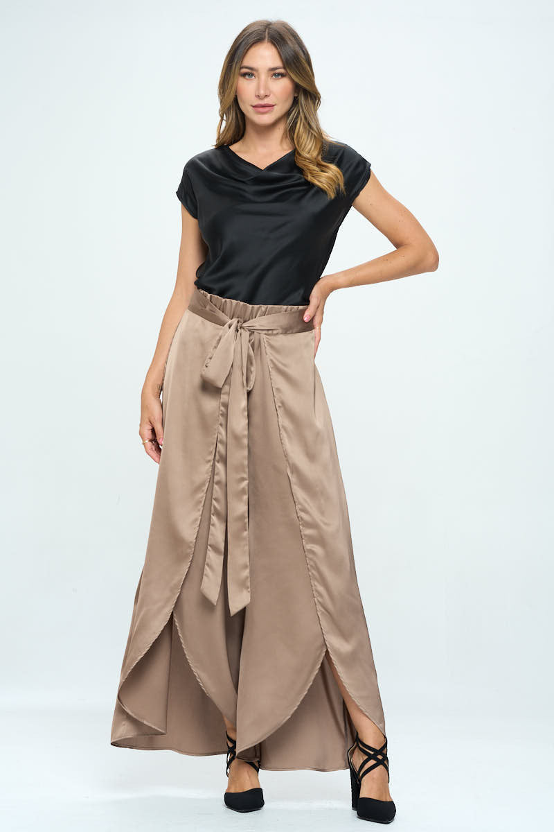 Stretch Satin Split Wide Leg Pants with Tie-Pants-Reneecollection-Urbanheer