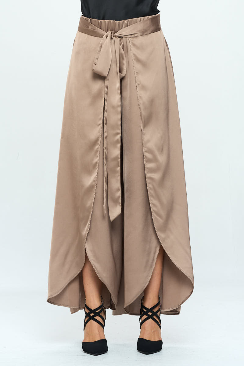 Stretch Satin Split Wide Leg Pants with Tie-Pants-Reneecollection-Urbanheer