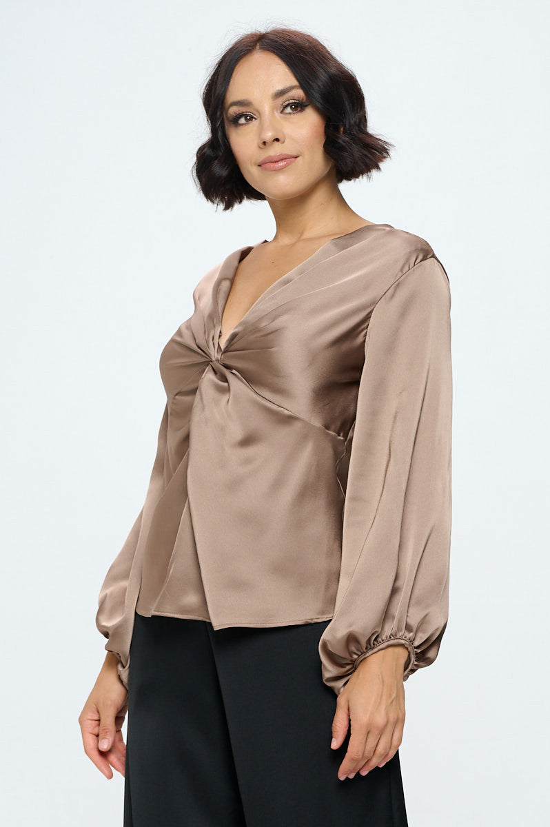 Stretch Satin V neck Top with Front Twist-Tops-Reneecollection-Urbanheer