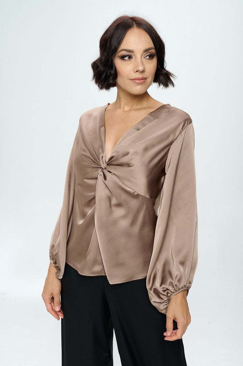 Stretch Satin V neck Top with Front Twist-Tops-Reneecollection-Urbanheer