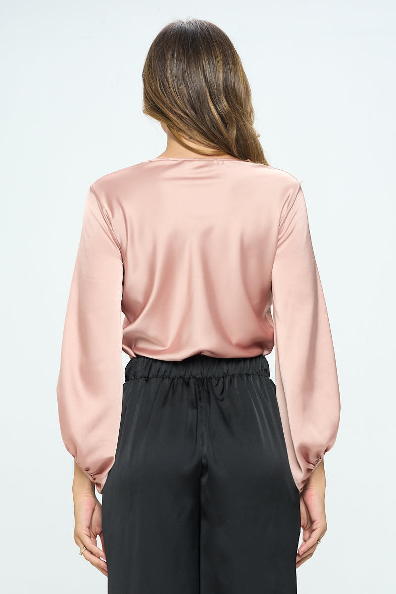Stretch Satin V neck Top with Front Twist-Tops-Reneecollection-Small-PINK-Urbanheer