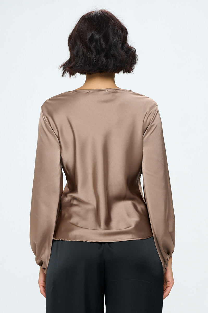 Stretch Satin V neck Top with Front Twist-Tops-Reneecollection-Urbanheer