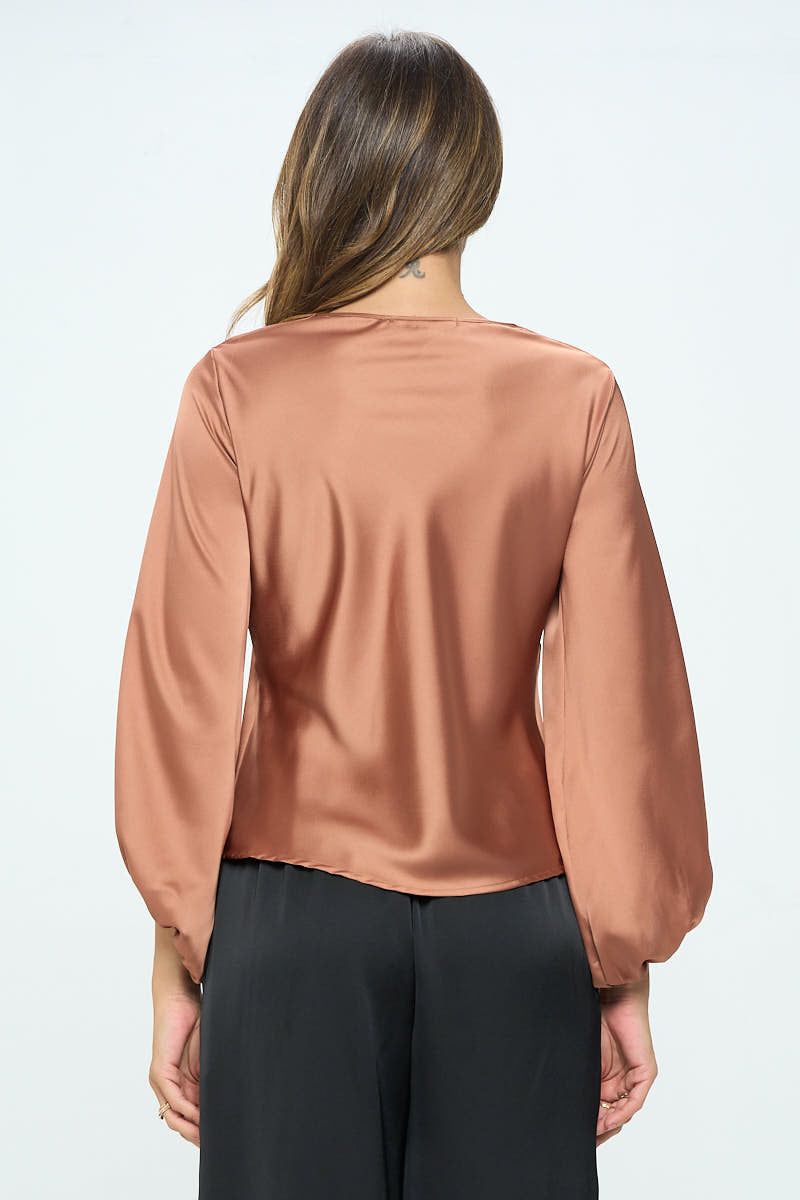 Stretch Satin V neck Top with Front Twist-Tops-Reneecollection-Urbanheer