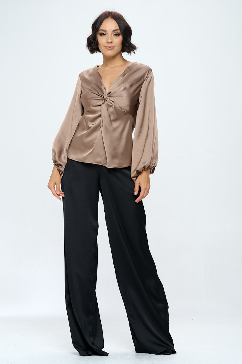 Stretch Satin V neck Top with Front Twist-Tops-Reneecollection-Urbanheer
